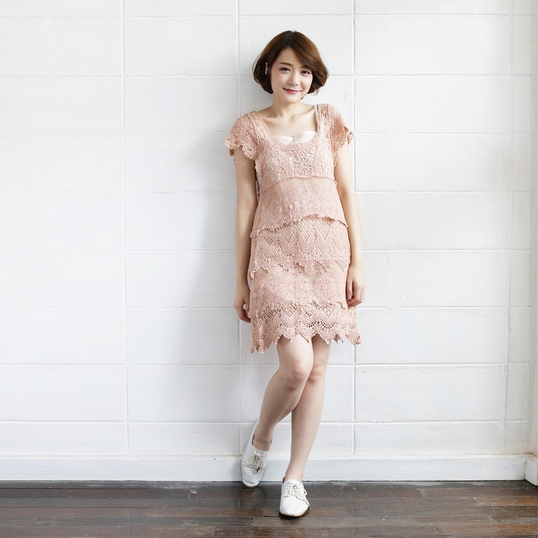 Tan Short-Sleeve Dresses Lace Cotton Sweet Garden - 洋装/连衣裙 - 棉 