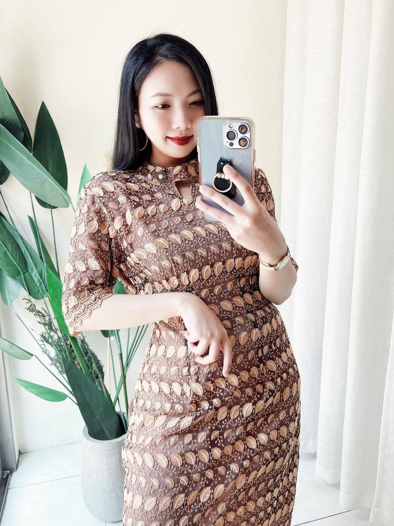蕾丝橙橘透肤透肤双层五分袖 古着洋装连衣裙连身裙vintage dress - 洋装/连衣裙 - 棉．麻 橘色