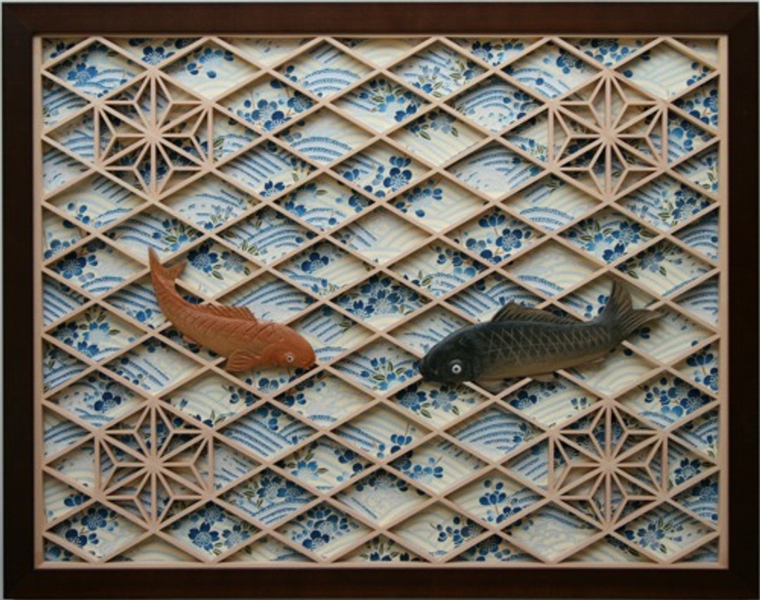 Art panel with kumiko sculpture Classical carp - 墙贴/壁贴 - 木头 蓝色