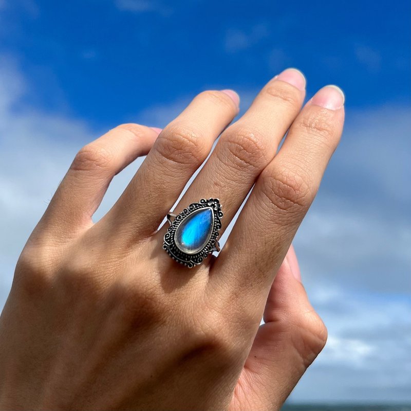 喜迎瑶 925银 拉长石 戒指 复古风戒指 民族风戒指 嬉皮 天然石 - 戒指 - 水晶 银色