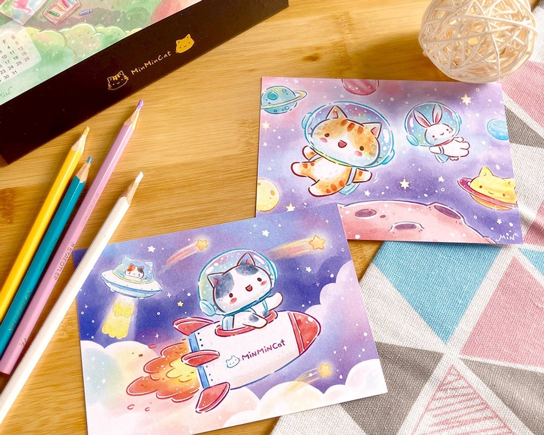 秘密猫 宇宙系列 水彩风插画明信片 (共2款) 太空猫猫&火箭猫猫 - 卡片/明信片 - 纸 多色