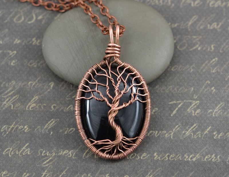 Black agate Tree of Life necklace pendant Handmade copper wire wrapped jewelry - 项链 - 宝石 黑色