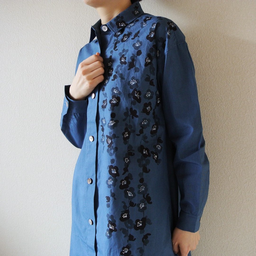 Shirt dress Gingham check Navy blue weeping plum - 洋装/连衣裙 - 棉 蓝色