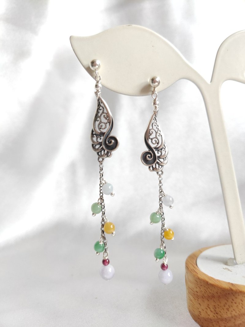 s925纯银天然翡翠 A货 三彩玉珠耳环 | 手作定制 手链 项链 耳饰 - 耳环/耳夹 - 玉石 