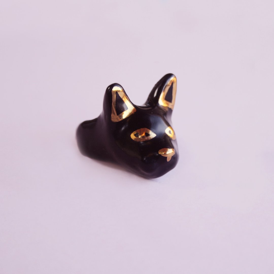 猫咪戒指 / 黑色陶瓷镶金 - 戒指 - 瓷 黑色