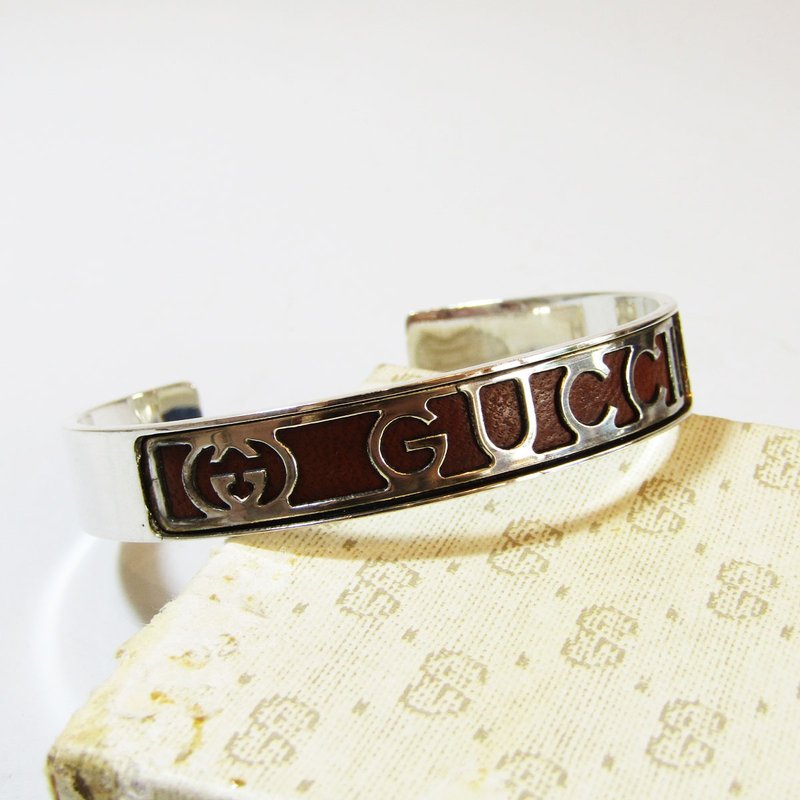 OLD GUCCI 复古银饰925 棕色皮革 手镯 - 手链/手环 - 其他金属 银色