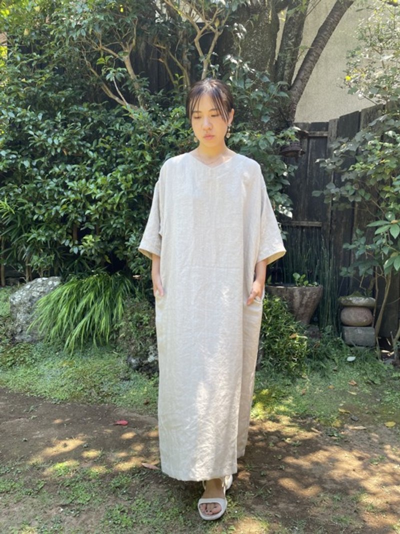 米白色亚麻削肩洋装 - 洋装/连衣裙 - 棉．麻 