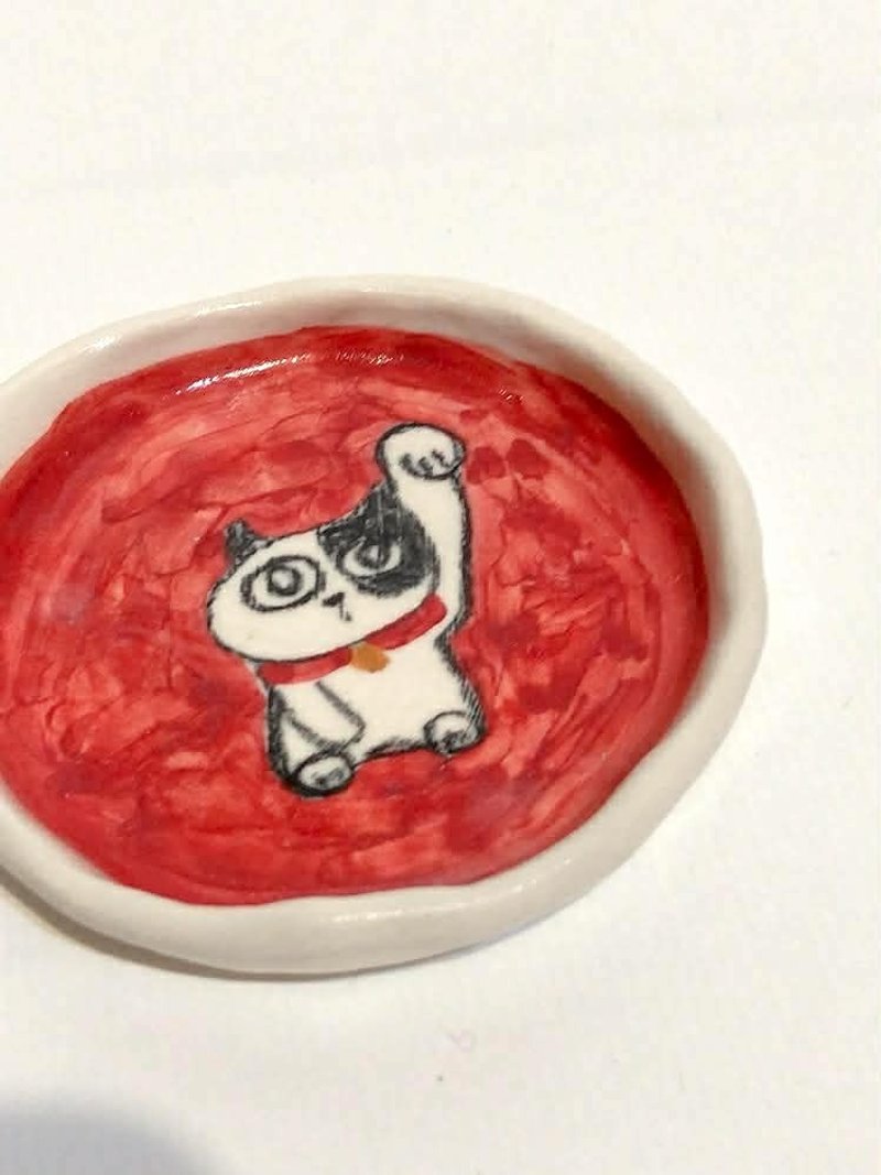 红色招财猫 小碟 饰品盘 香锥 - 香薰/精油/线香 - 瓷 白色