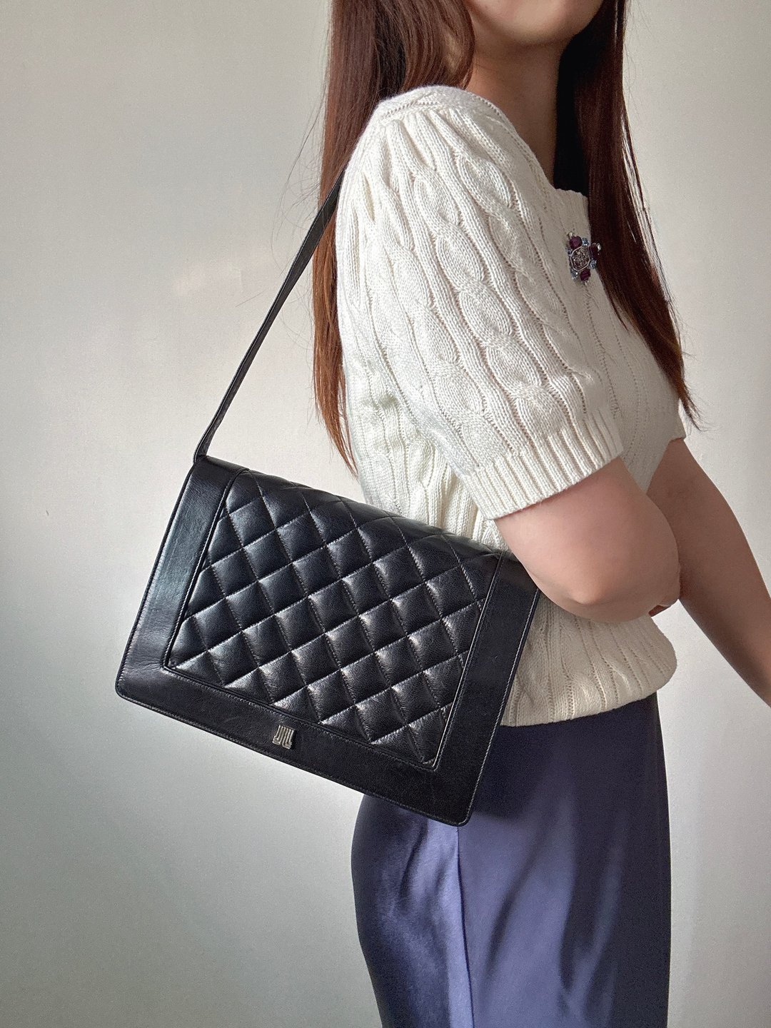 中古美品 Lanvin 浪帆 菱格纹真皮风琴包 斜背包 腋下包 法国制 - 侧背包/斜挎包 - 真皮 黑色