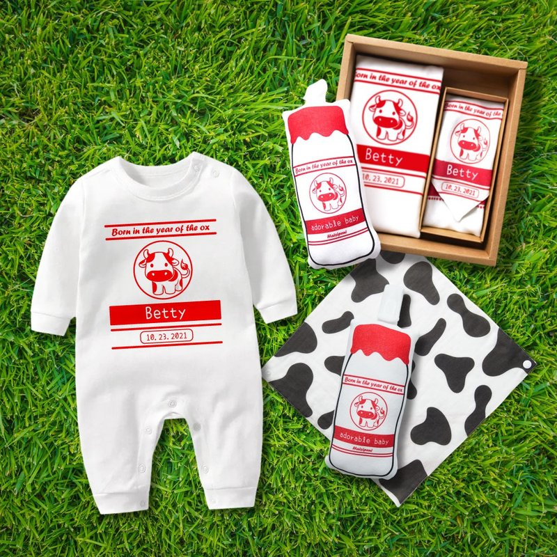 牛奶宝宝 3件组礼盒  长袖连身衣 红 可定制姓名生日 - 满月礼盒 - 棉．麻 白色