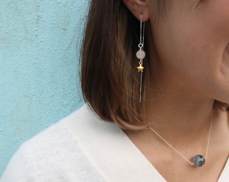 雕花粉晶，镀金星星 925纯银耳线 Pink quartz and gold plated star - 925 silver earline - 耳环/耳夹 - 宝石 粉红色
