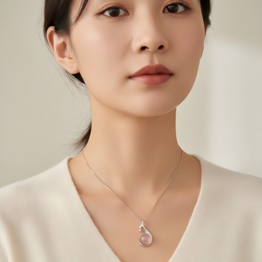 Rose Stillness 粉水晶吊坠项链 | 天然粉晶 925银项链 - 项链 - 水晶 粉红色