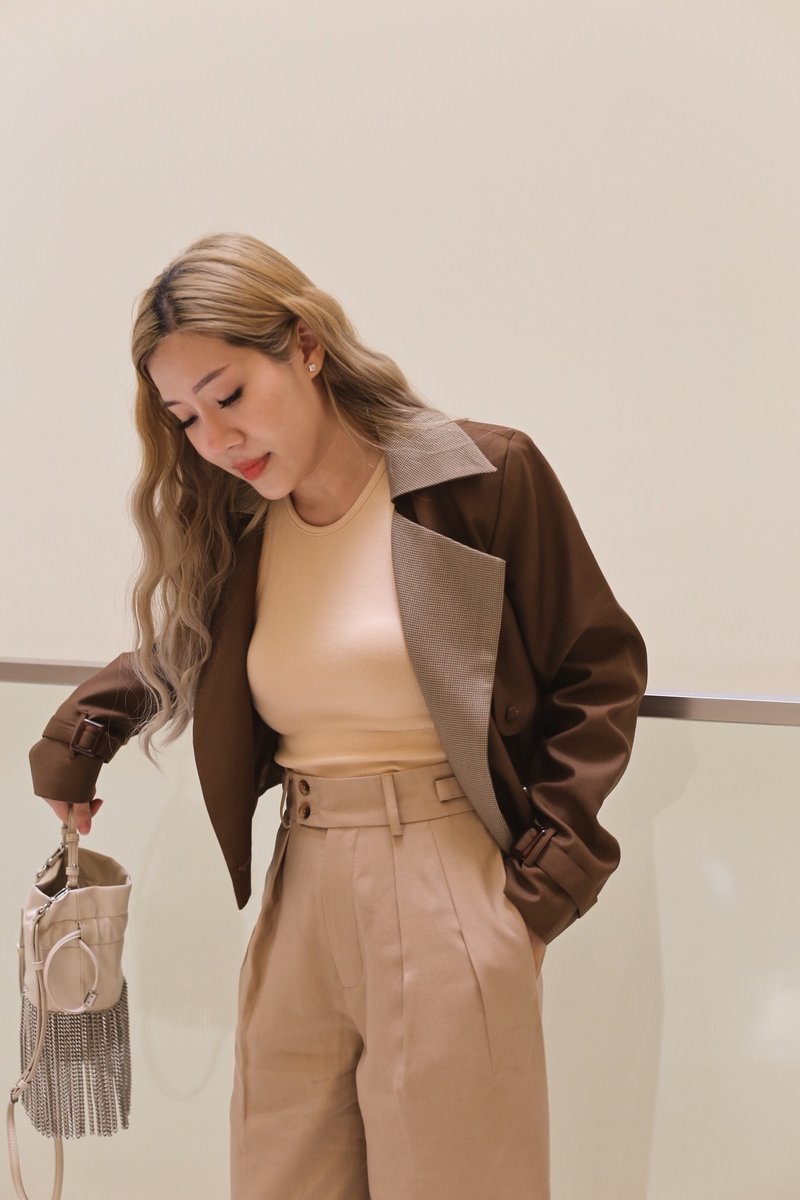 Berlington checked freesize crop blazer dark brown - 女装上衣 - 其他材质 咖啡色