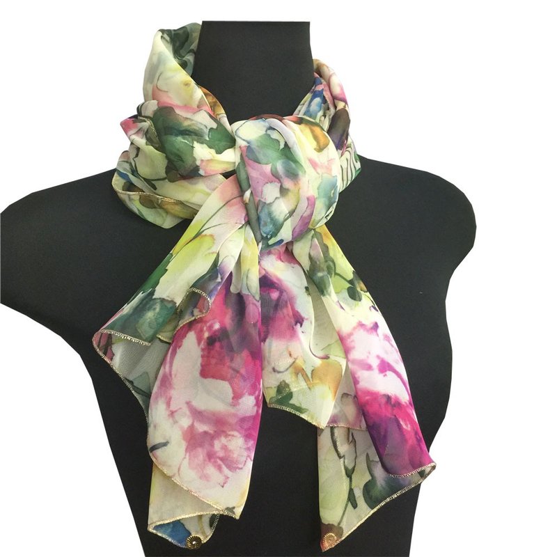 芭蕾浪漫玫瑰 极柔软的触感 完美的礼物 可在家清洗 日本制造 50 x 160 厘米雪纺围巾 - 丝巾 - 聚酯纤维 黄色