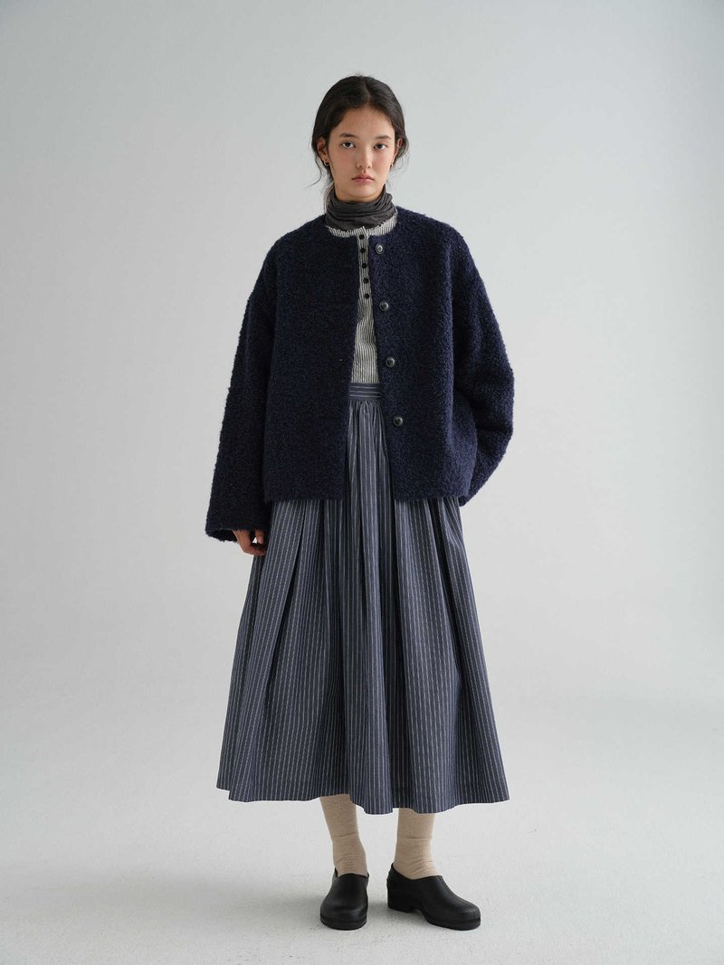 厚圈圈羊毛深蓝无领短外套 - 女装西装外套/风衣 - 棉．麻 多色