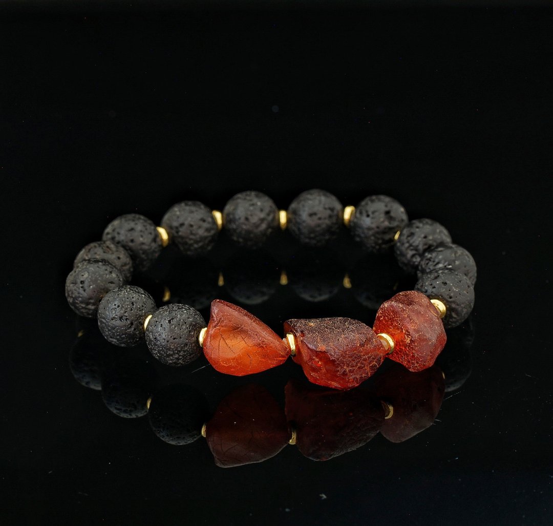 火山石原石琥珀 10mm 手链 ( Lava Stone Amber Bracelet ) - 手链/手环 - 玉石 