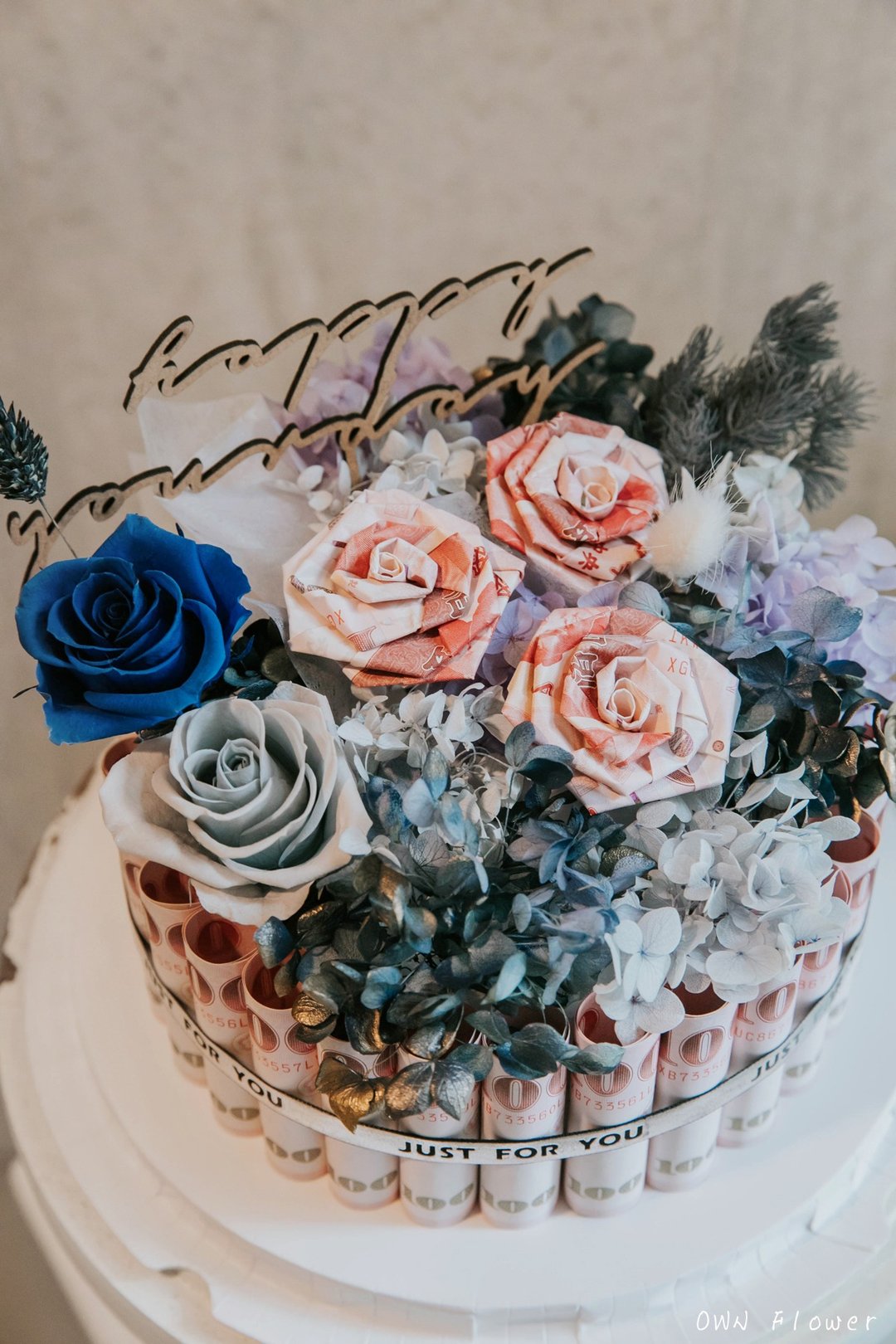 钞票蛋糕/有钱花蛋糕/钱花蛋糕/生日礼物/生日花束/生日蛋糕/永生 - 干燥花/捧花 - 植物．花 蓝色