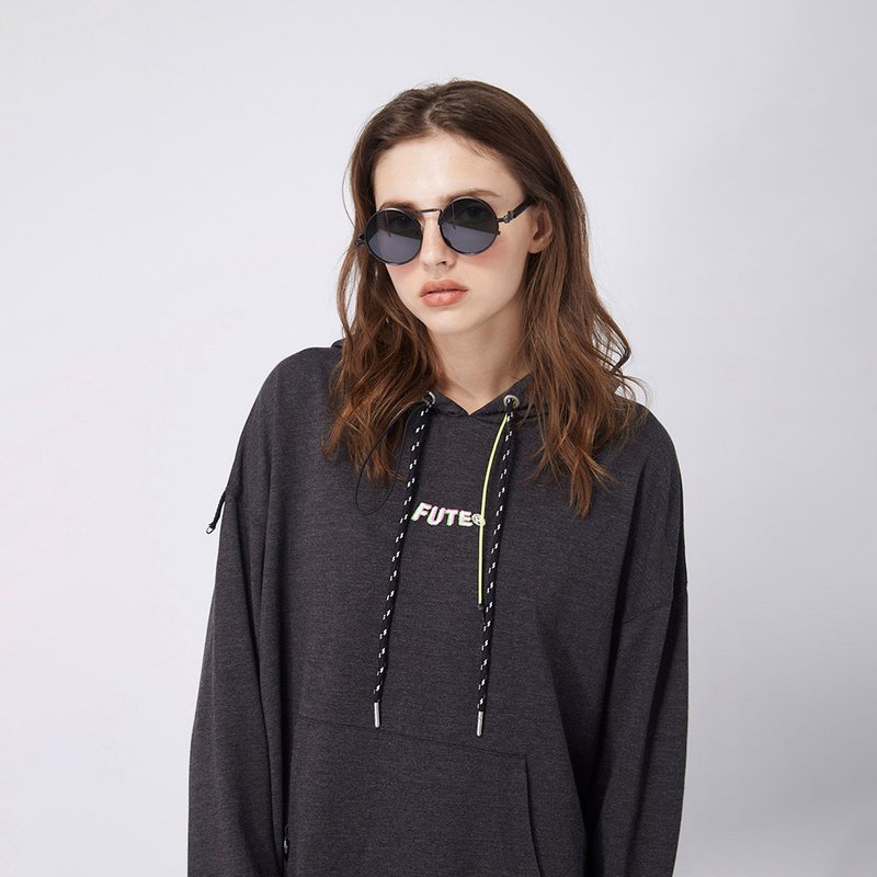 【中性款】长袖连帽运动衫 / 麻花黑 - 女装上衣 - 棉．麻 黑色