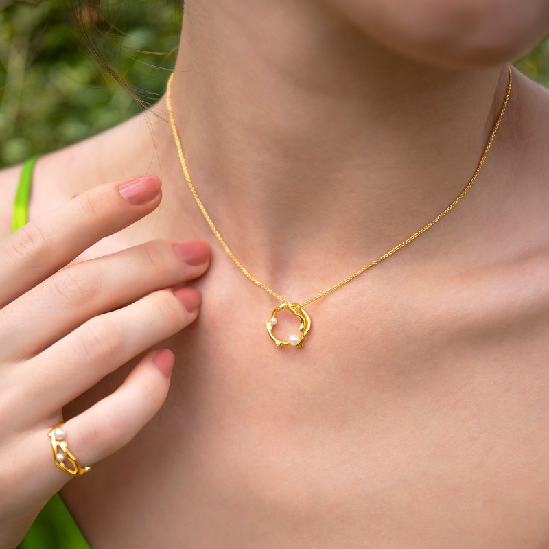 【纯银最佳礼物】枝枒圆环纯银珍珠金项链 - 项链 - 纯银 金色