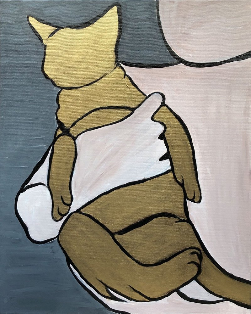 Cat Painting Animal Original Art Gold Artwork Kitten Wall Art Minimalist Acrylic - 海报/装饰画/版画 - 其他材质 金色