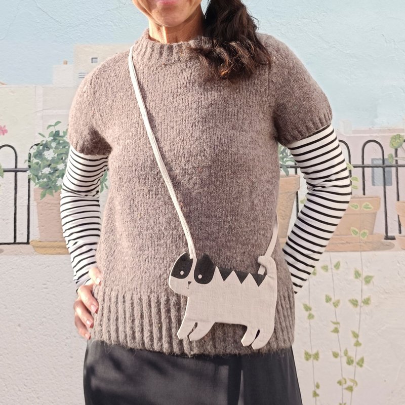 猫咪亚麻小钱包：迷你包，可收纳零钱、卡片或钥匙 - 手提包/手提袋 - 亚麻 灰色