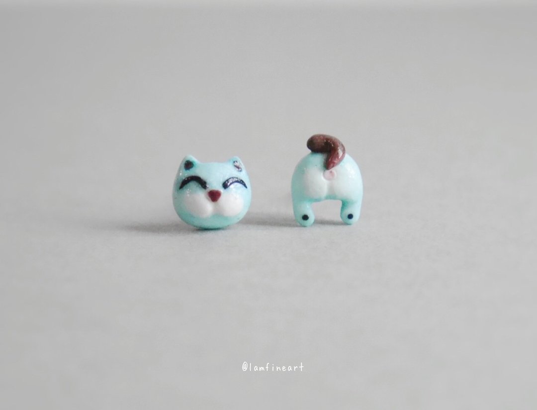 Miniature Cat Earrings,Blue Cat Earrings,Cat stud Earrings. - 耳环/耳夹 - 陶 蓝色