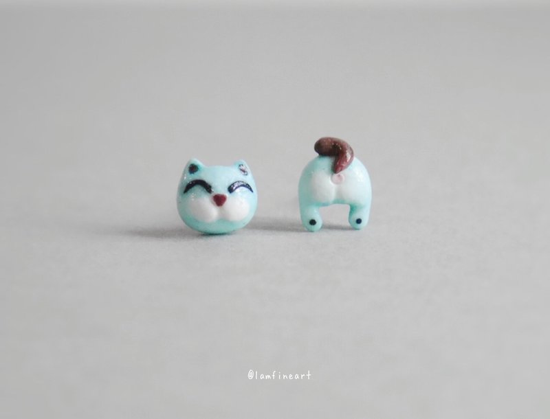 Miniature Cat Earrings,Blue Cat Earrings,Cat stud Earrings. - 耳环/耳夹 - 陶 蓝色