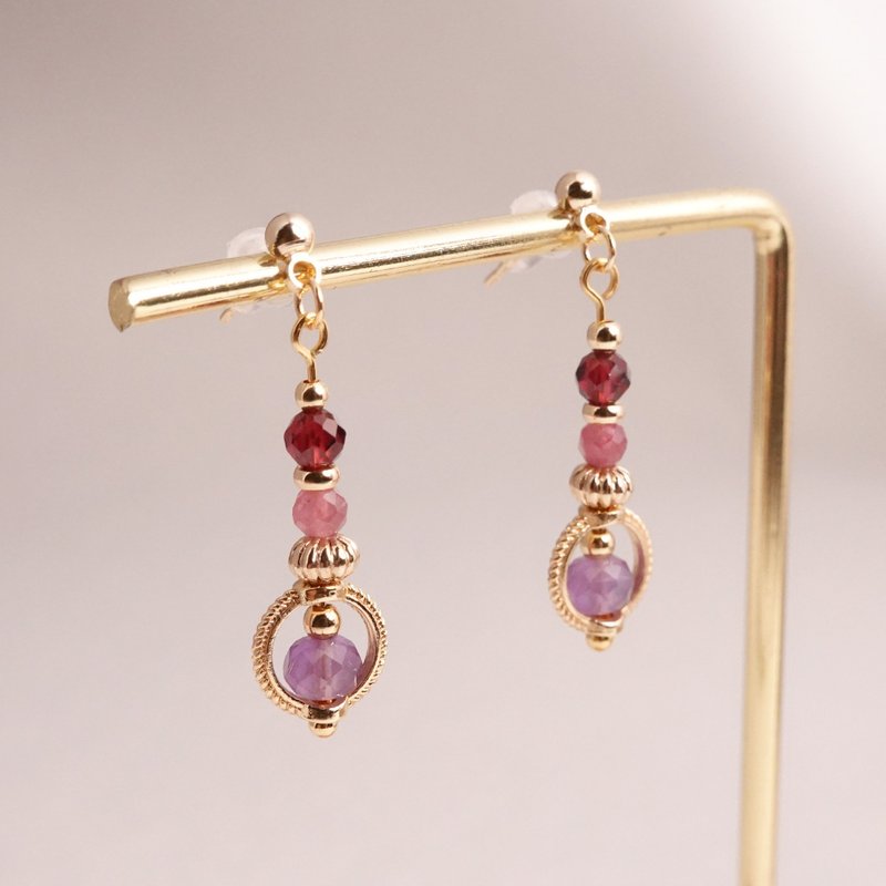 紫水晶 碧玺 红石榴│水晶耳环 夹式耳环 - 耳环/耳夹 - 水晶 紫色