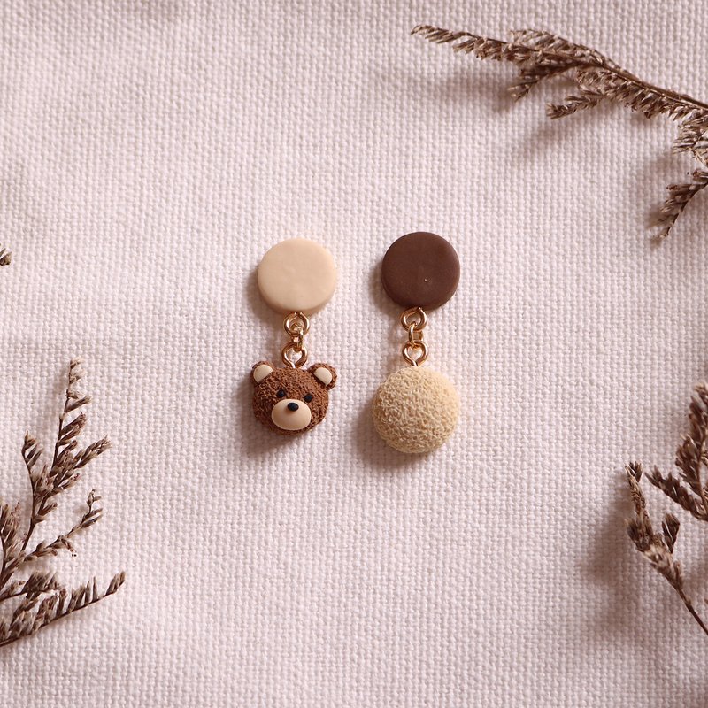 【小动物】熊熊 小熊软陶耳环/耳夹 - 耳环/耳夹 - 粘土 卡其色