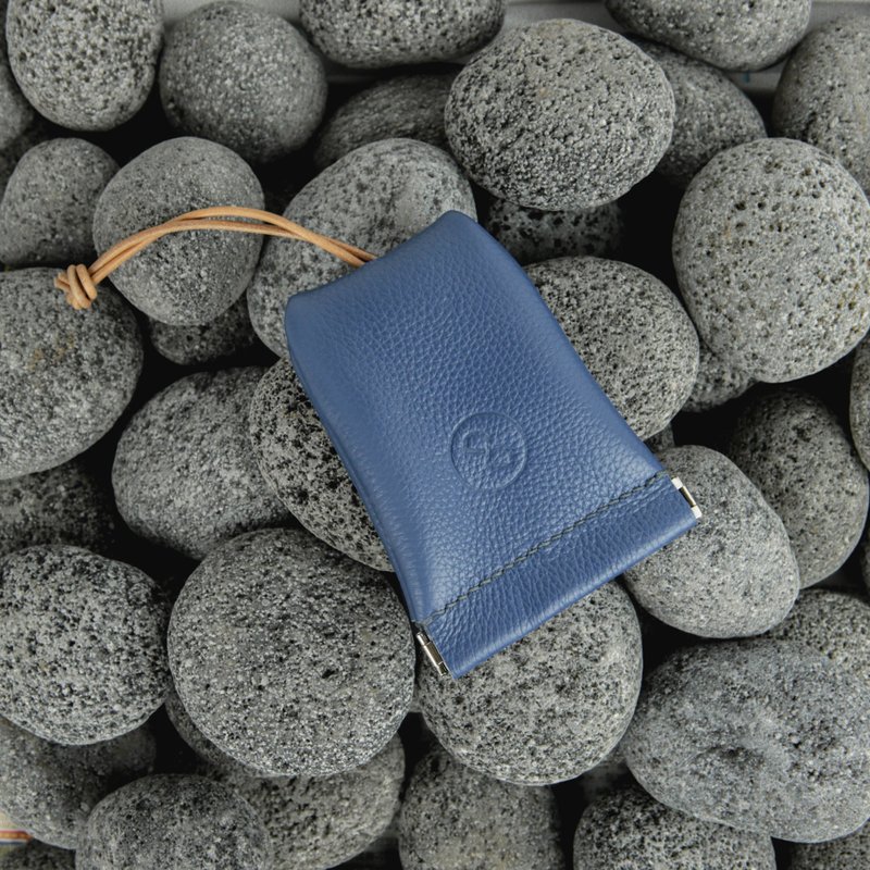 牛皮手工大容量弹口钥匙包 - 蓝荔枝纹 (生日礼物, 父亲节礼物) - 钥匙链/钥匙包 - 真皮 蓝色