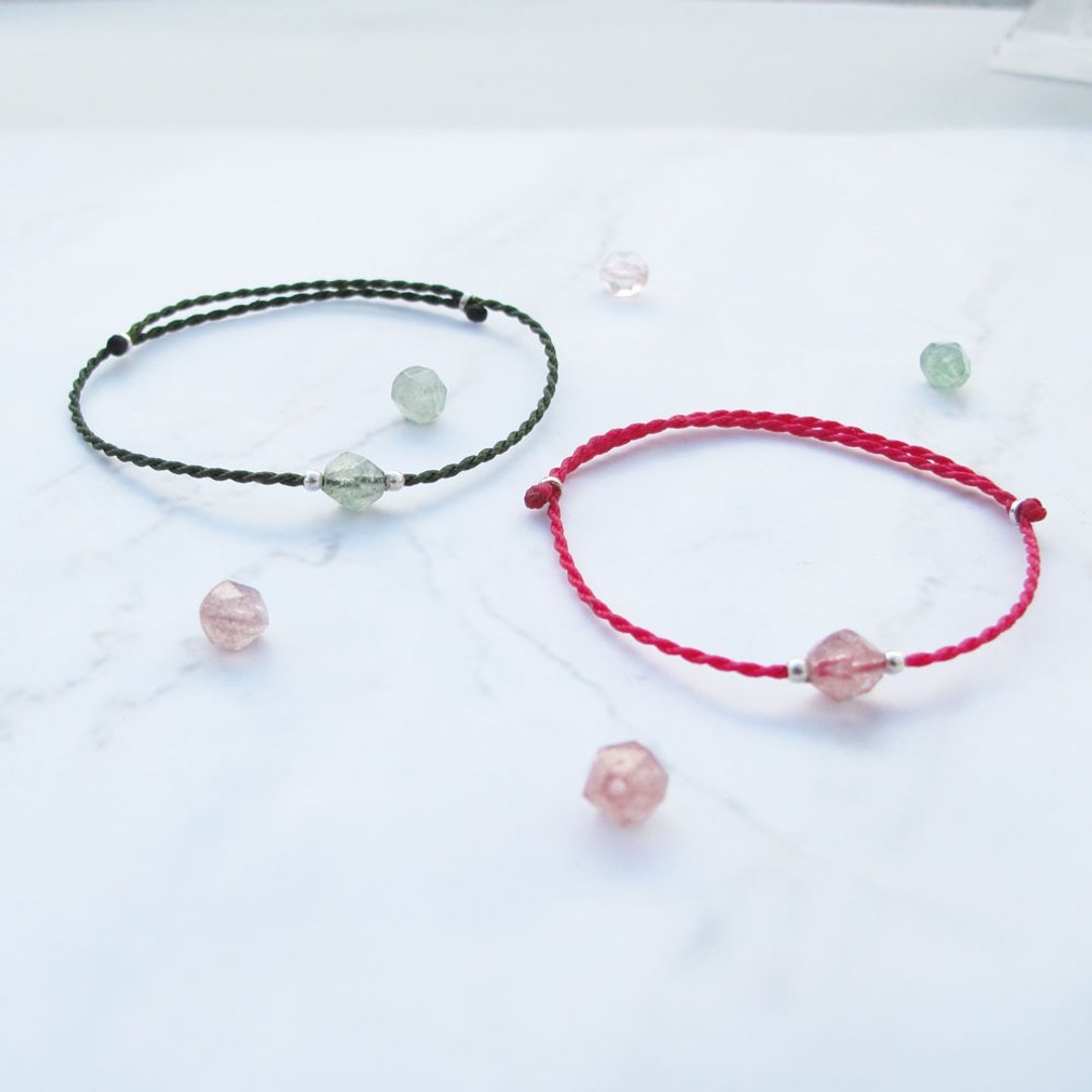 大员囡仔【蜡绳系列】草莓晶x绿草莓晶x切割珠x6mm  纯银蜡绳手链 - 手链/手环 - 水晶 多色
