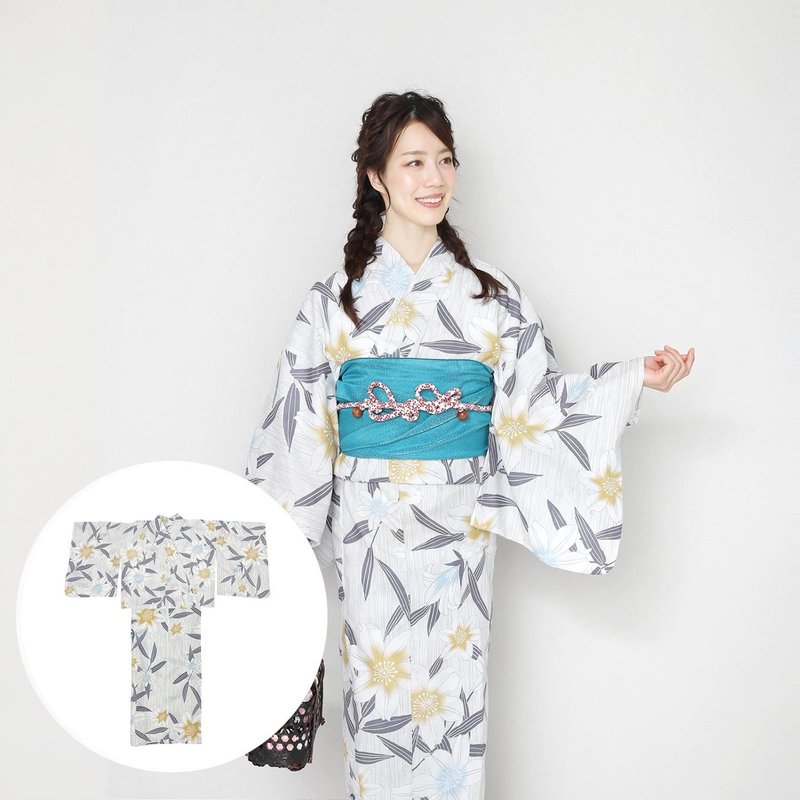 日本 和服 女性 两件式 浴衣 腰带 套组 F size x14h-24 - 其他 - 棉．麻 白色
