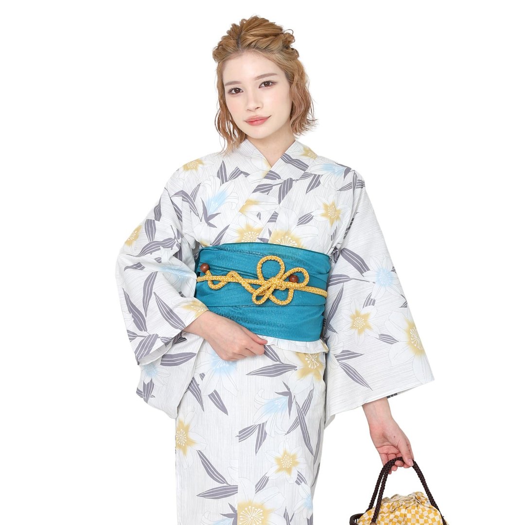 日本 和服 女性 两件式 浴衣 腰带 套组 F size x14h-24 - 其他 - 棉 白色