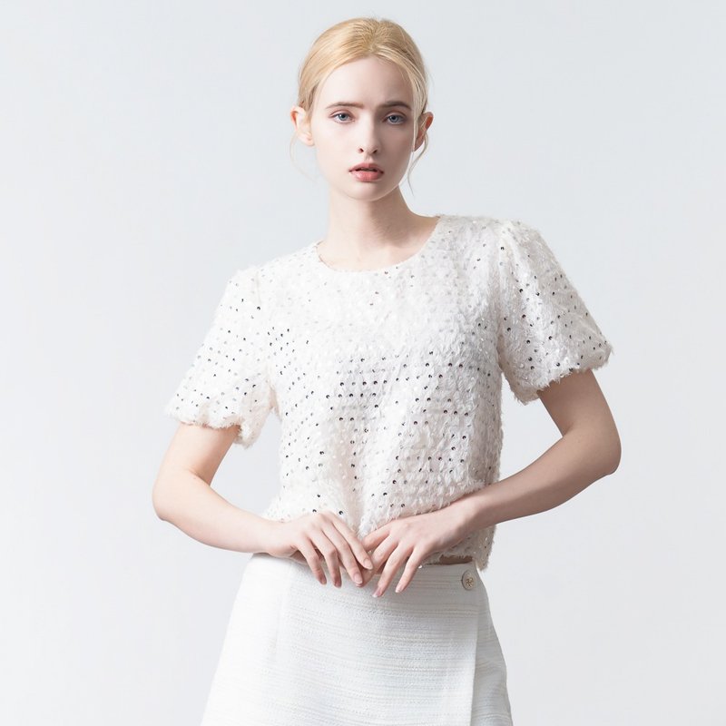 【MEDUSA】亮片羽纱气质短袖上衣(M-XL) | 女短袖上衣 气质上衣 - 女装上衣 - 聚酯纤维 白色