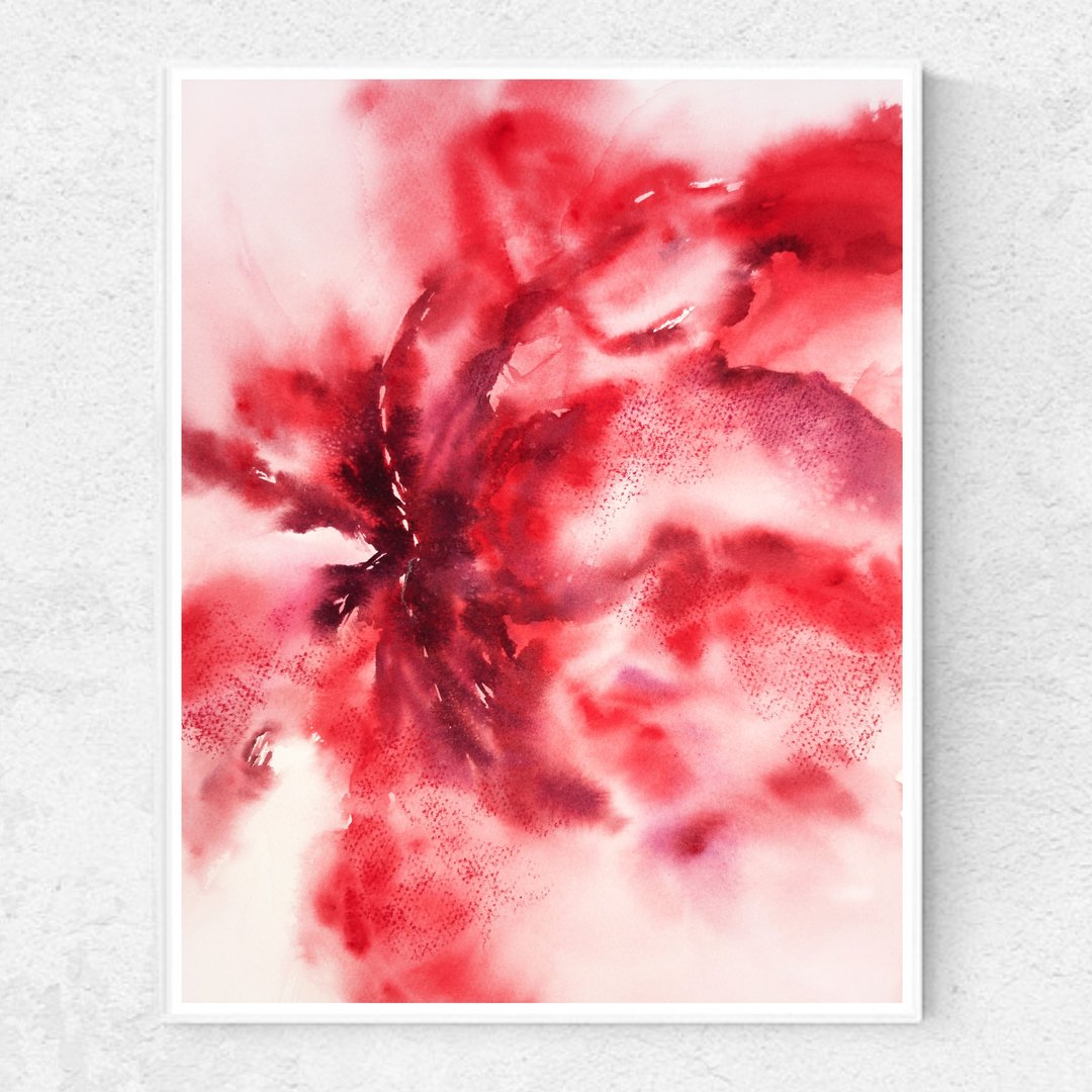 Red flower Bedroom wall art Interior floral painting Original art for lovers - 海报/装饰画/版画 - 纸 红色