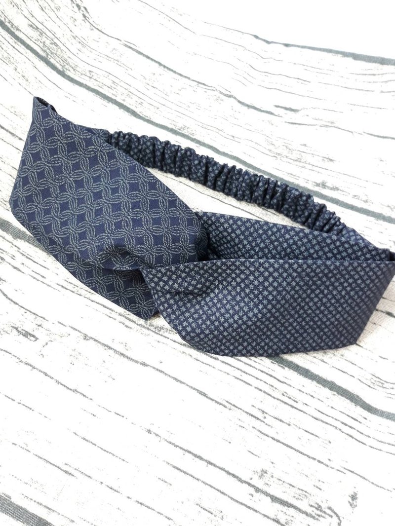 藏青蓝铜钱纹拔染手工发带 - 发带/发箍 - 棉．麻 蓝色