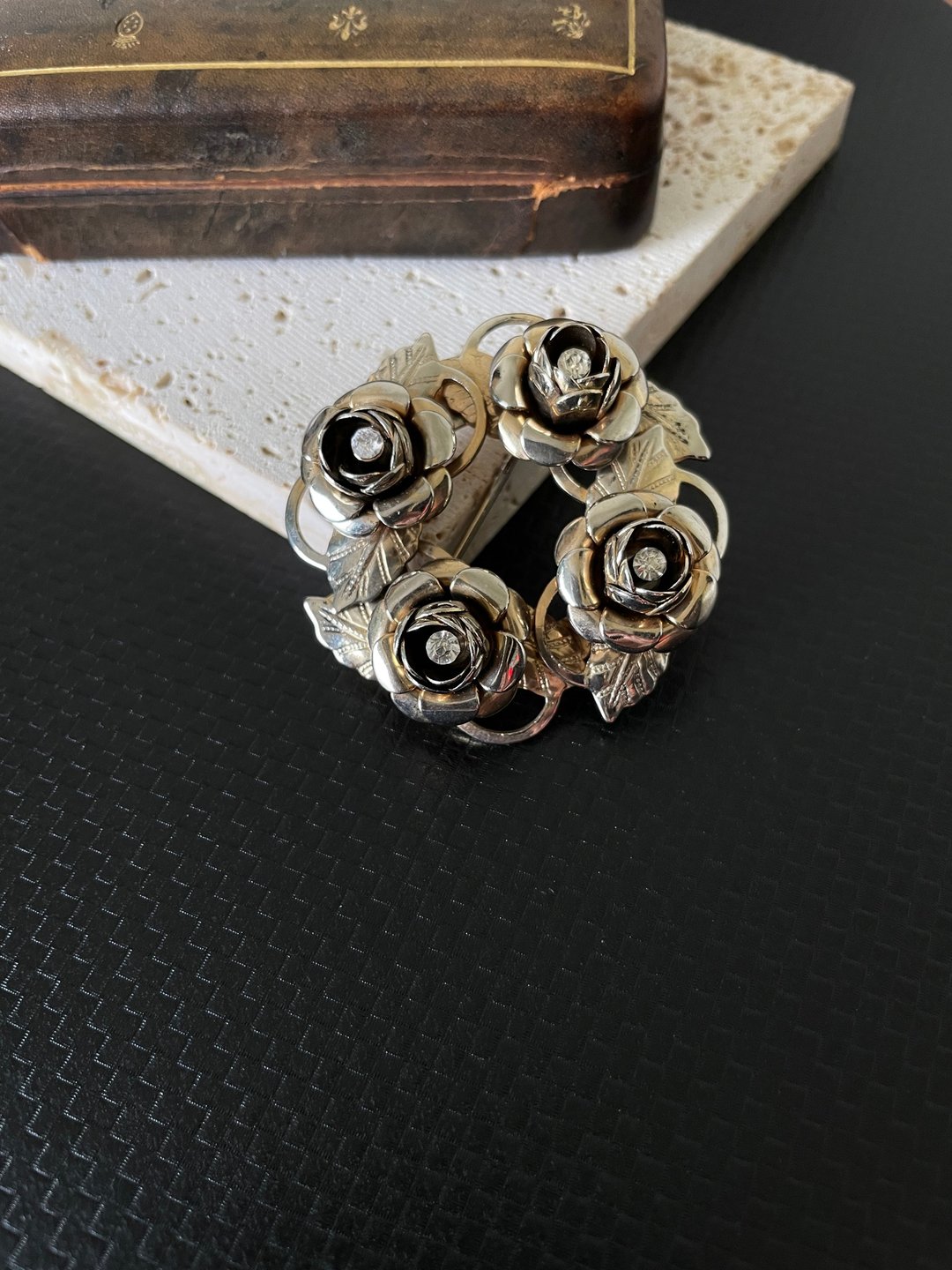 古董金色立体莱茵石玫瑰花别针胸针 B1268 - 胸针 - 其他金属 金色