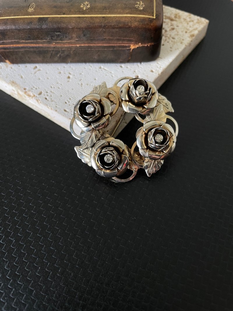 古董金色立体莱茵石玫瑰花别针胸针 B1268 - 胸针 - 其他金属 金色