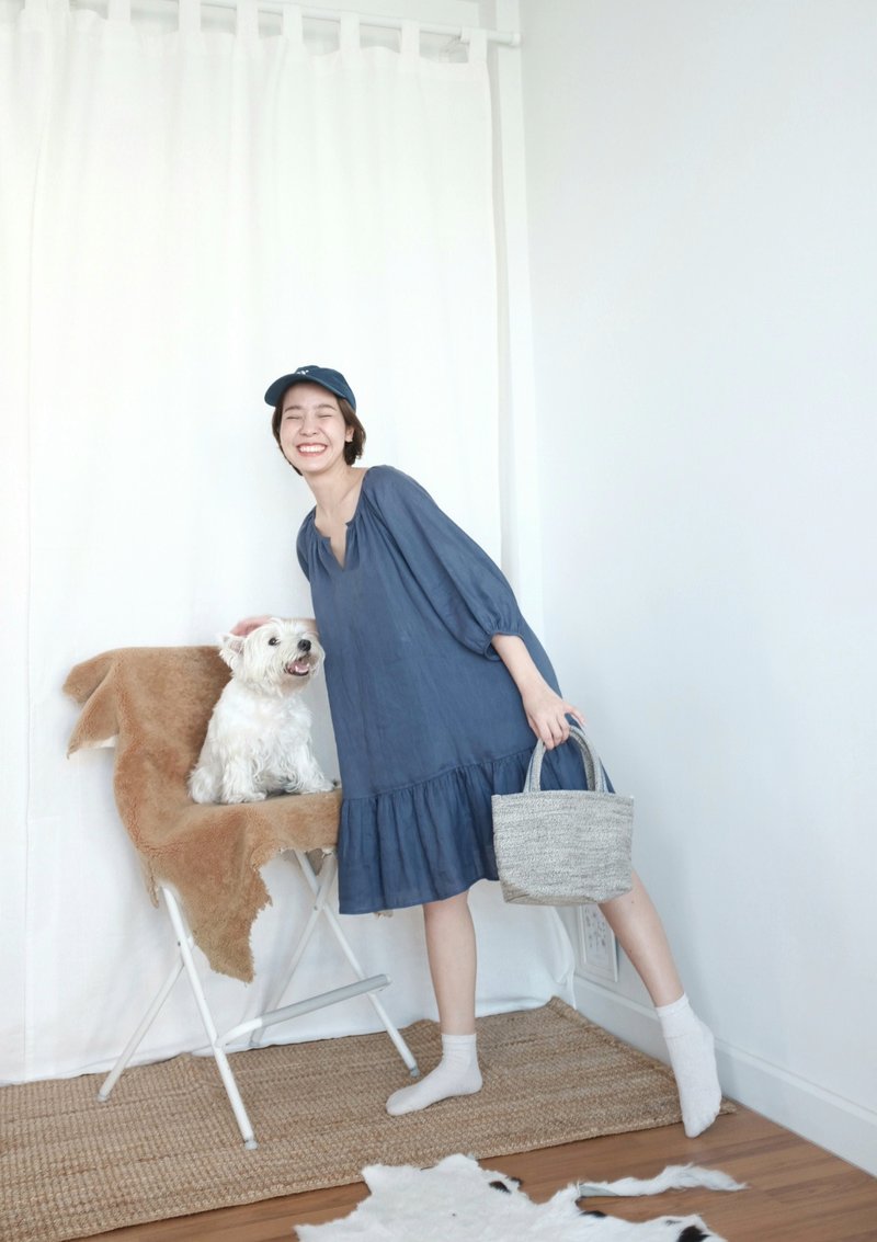 Blue indigo Coco linen summer dress Whiteoakfactory 裙子 亞麻連衣裙 夏天 - 洋装/连衣裙 - 棉．麻 蓝色