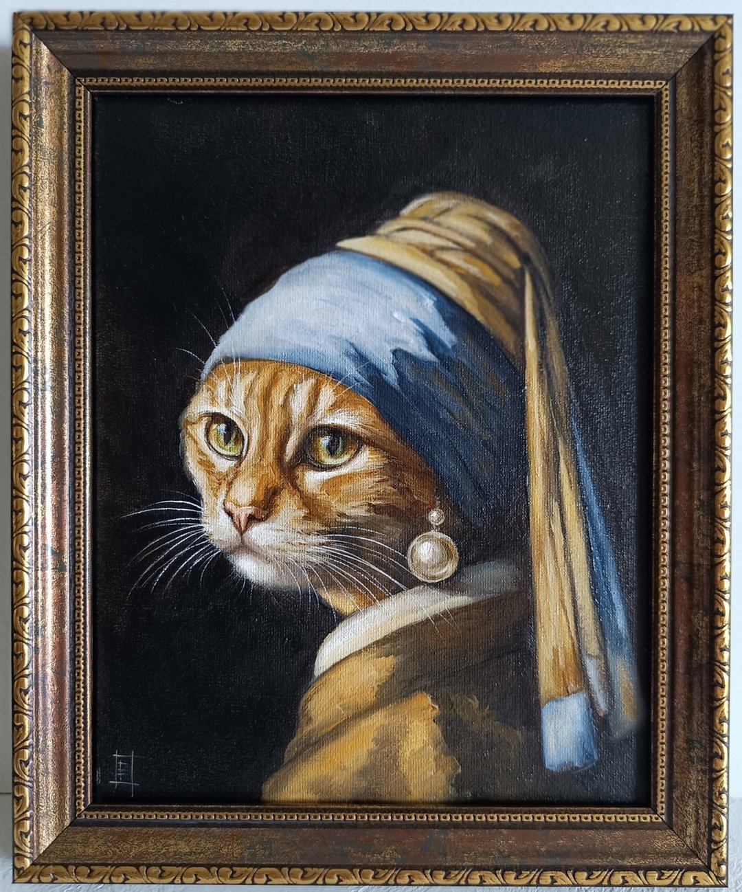 戴珍珠耳环的猫油画 20*25厘米 - 墙贴/壁贴 - 其他材质 咖啡色