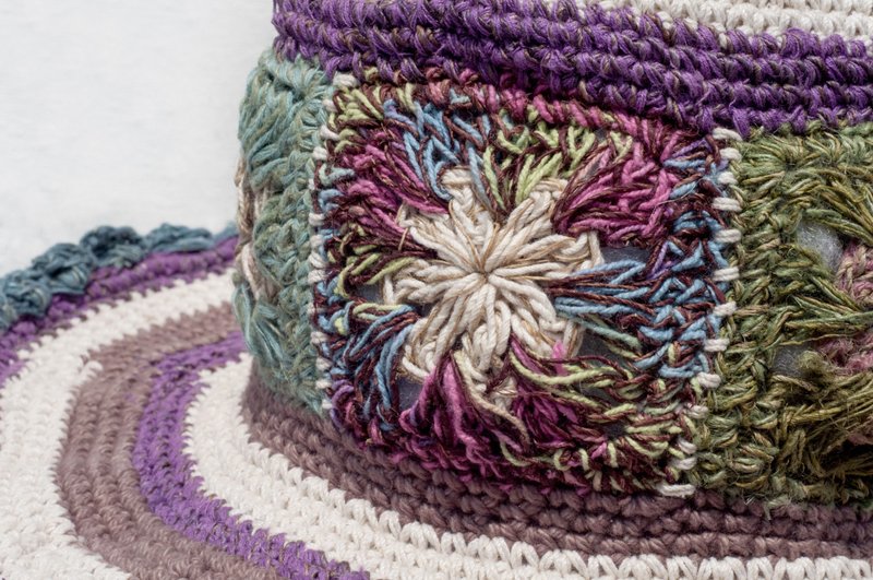 手工编织棉麻帽 编织帽 渔夫帽 遮阳帽 草帽 登山帽-花朵钩织彩虹 - 帽子 - 棉．麻 多色