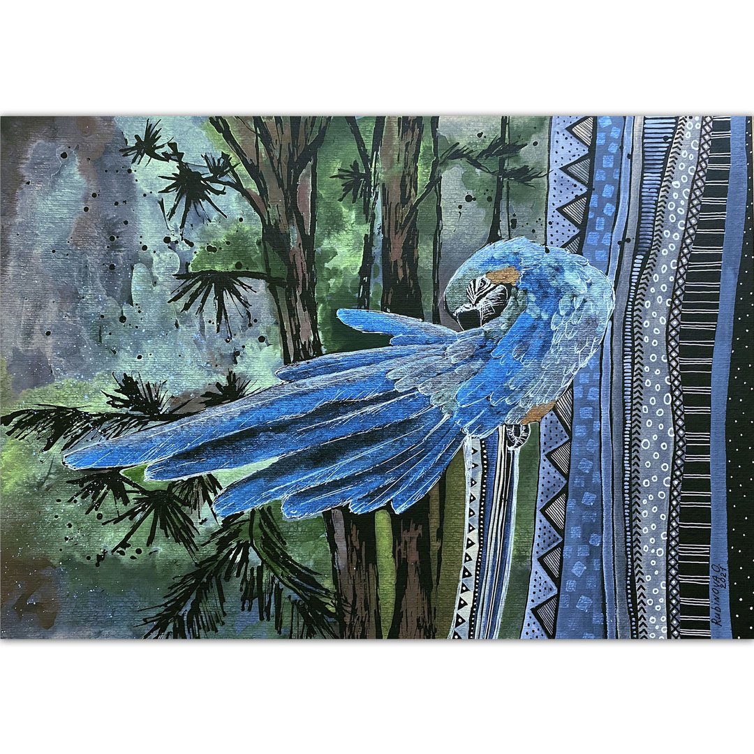 Parrot painting Bird Original art Blue macaw artwork Tropical wall art - 海报/装饰画/版画 - 纸 蓝色