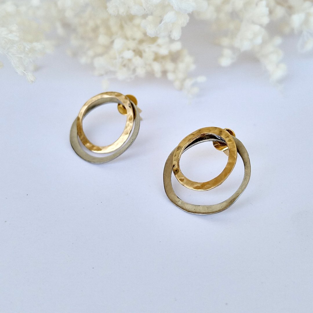 2way flat circle earrings - 耳环/耳夹 - 铜/黄铜 银色
