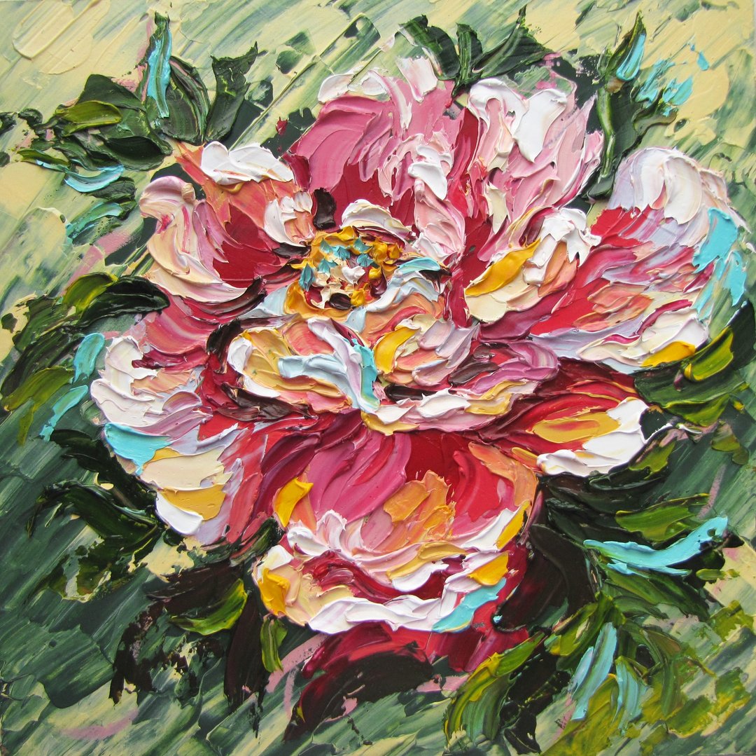Peony Painting Floral Original Oil Art Flower Impasto Wall Art - 海报/装饰画/版画 - 木头 多色