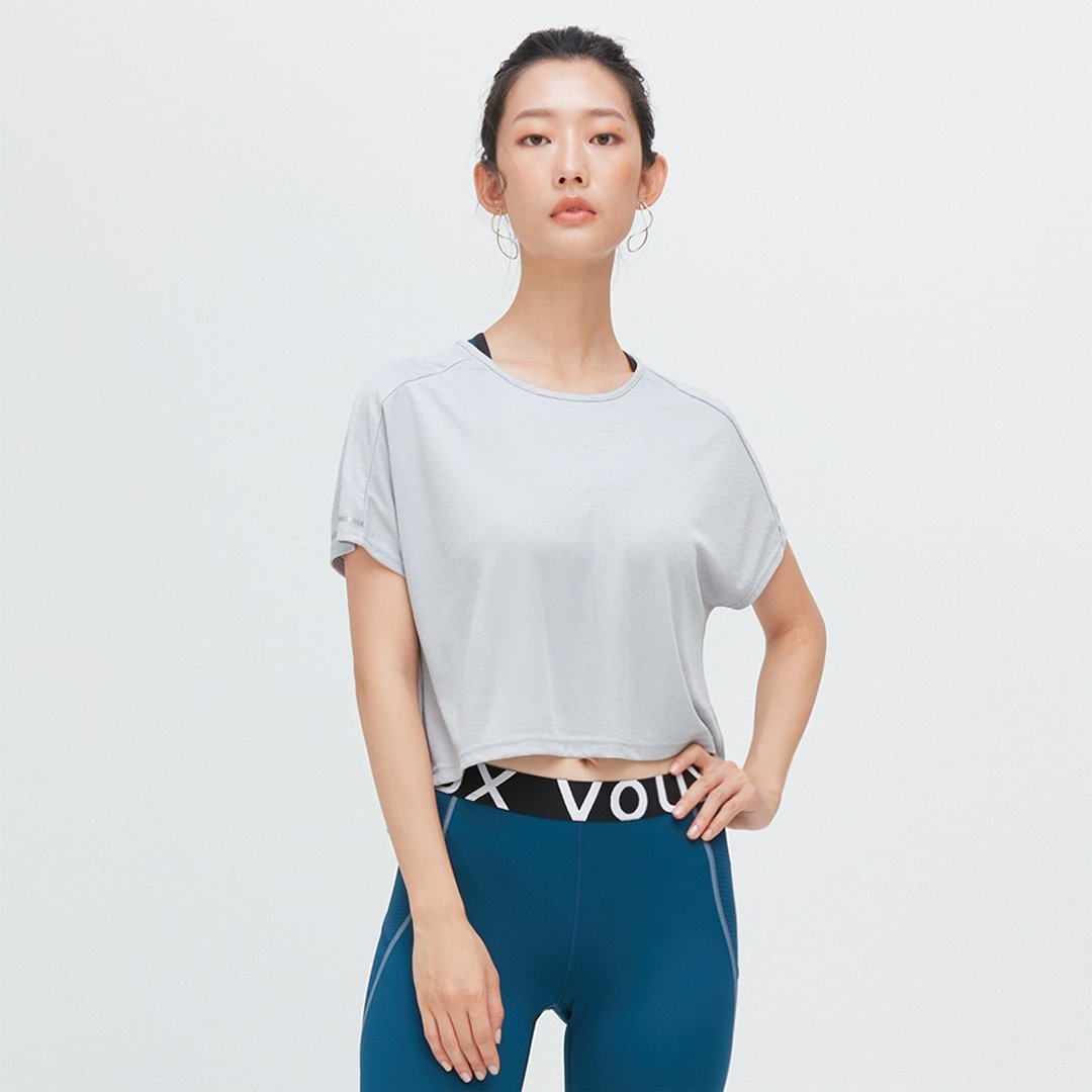不可退换 /短版落肩速干上衣 (女)-白杨灰 - 女装 T 恤 - 聚酯纤维 灰色