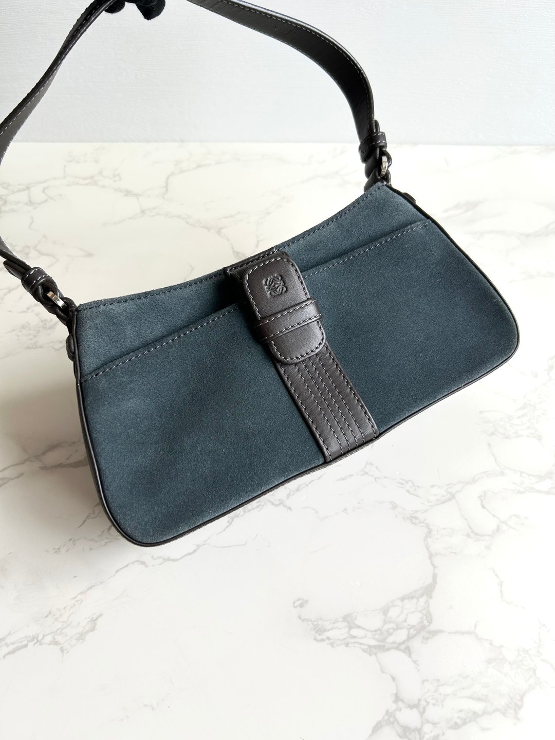 绝版古董包 Loewe灰蓝拼皮腋下包 侧背包 单肩包 复古包 中古包 - 侧背包/斜挎包 - 真皮 蓝色