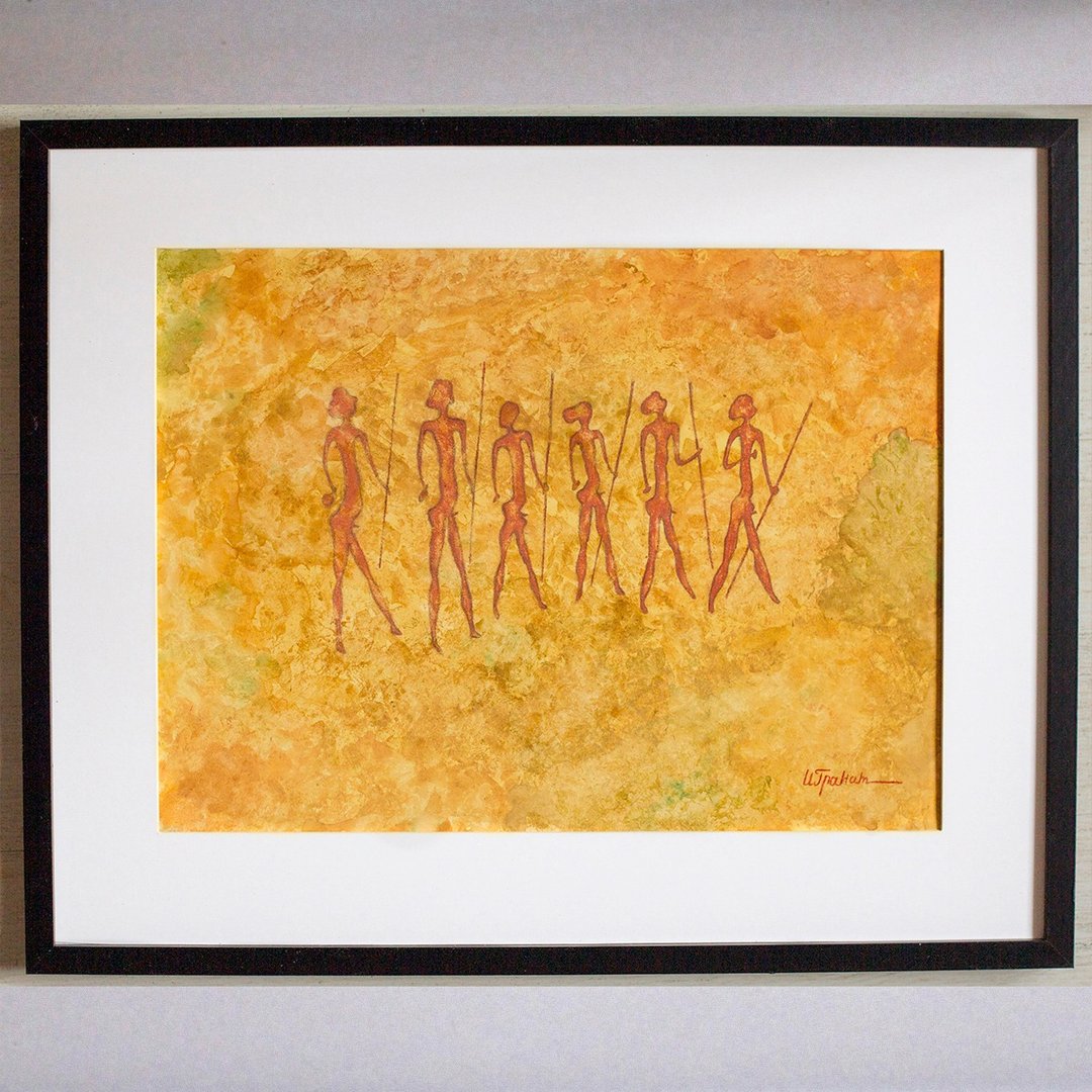 男人是战士绘画内部史前艺术水彩画结束粉彩画 - 海报/装饰画/版画 - 纸 橘色