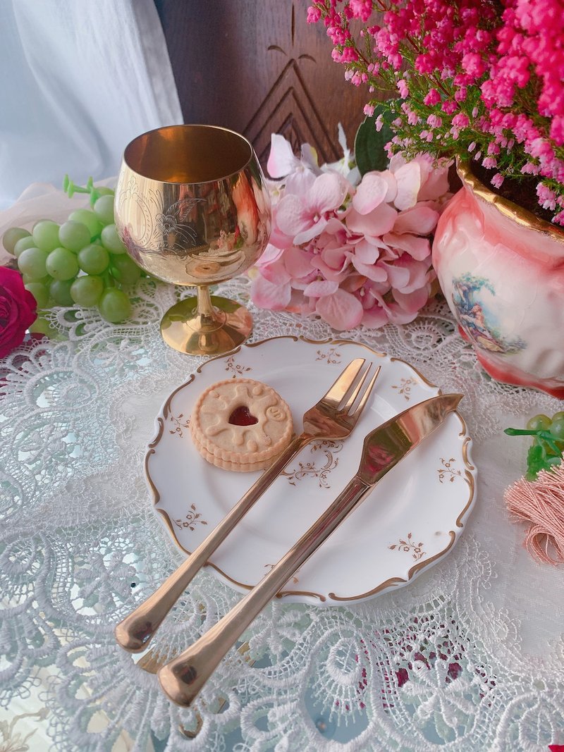 英国制1950年厚实古董古铜黄酮下午茶餐具水果刀叉组 纯铜餐具 - 餐刀/叉/匙组合 - 铜/黄铜 
