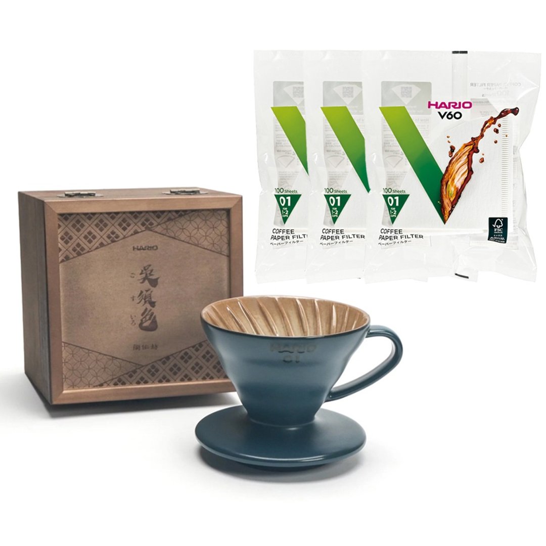 【HARIOx陶作坊】V60吴须色01怀汝滤杯 赠滤纸3包 - 咖啡壶/周边 - 陶 蓝色