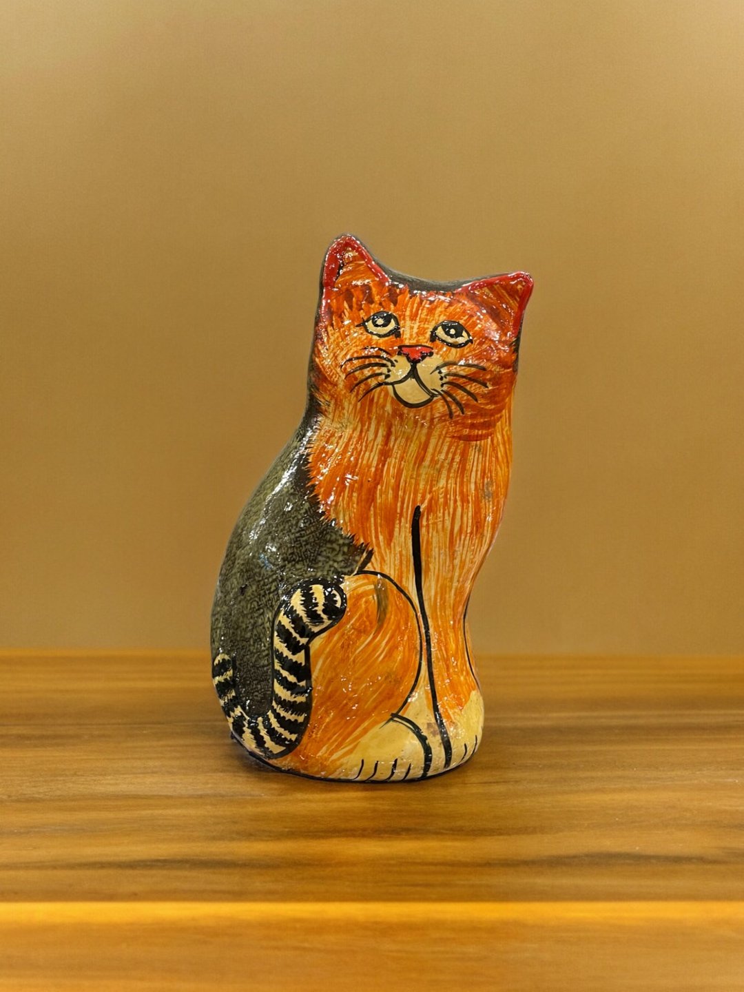 印度喀什米尔 手工漆纸器 彩绘猫咪摆饰 - 波斯猫 - 摆饰 - 木头 橘色